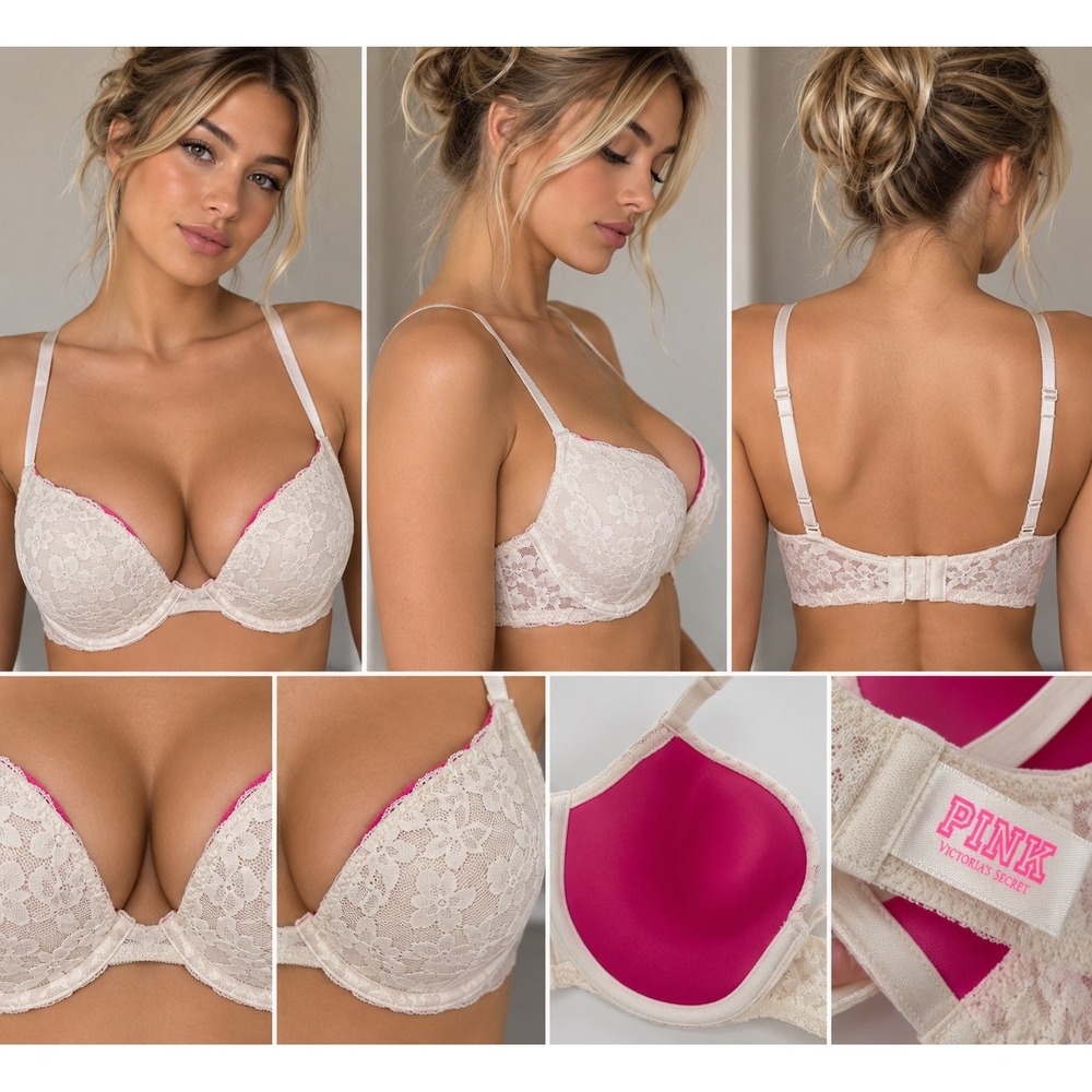 Victorias Secret PINK Lace Push Up Bra Cream Pink 34B 839035-Q9Z